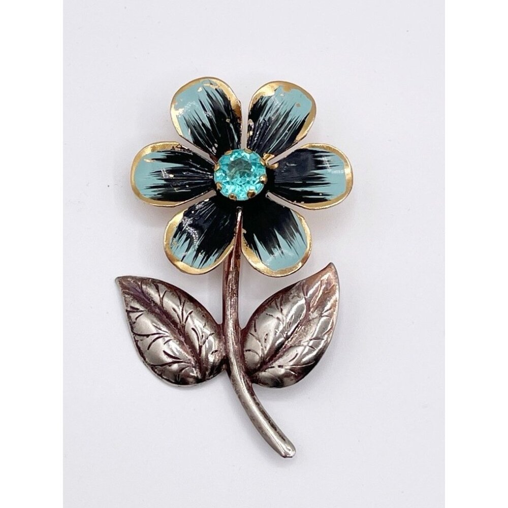 VTG 1950s Hand-Painted Flower Brooch Aqua & Black Rhinestone Center Cottagecore